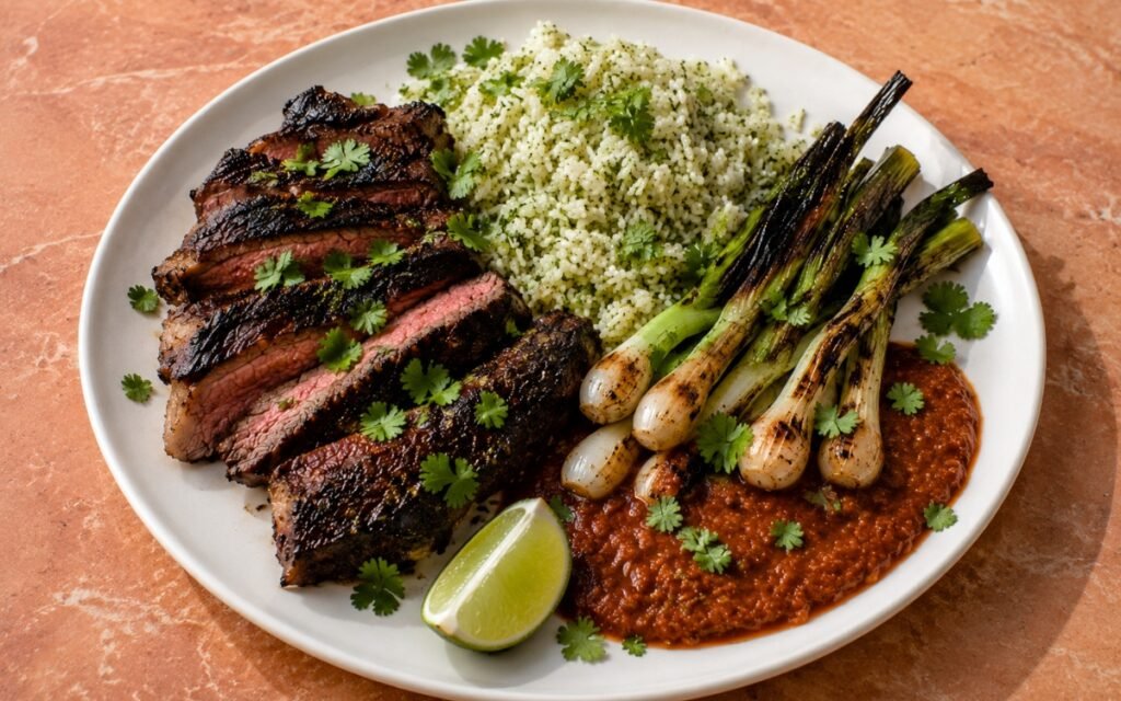 Sliced carne asada plate showing deeply charred pink-medium steak beside cilantro-lime jasmine rice, smoky salsa roja, blistered spring onions, fresh cilantro, and lime wedges on marble surface