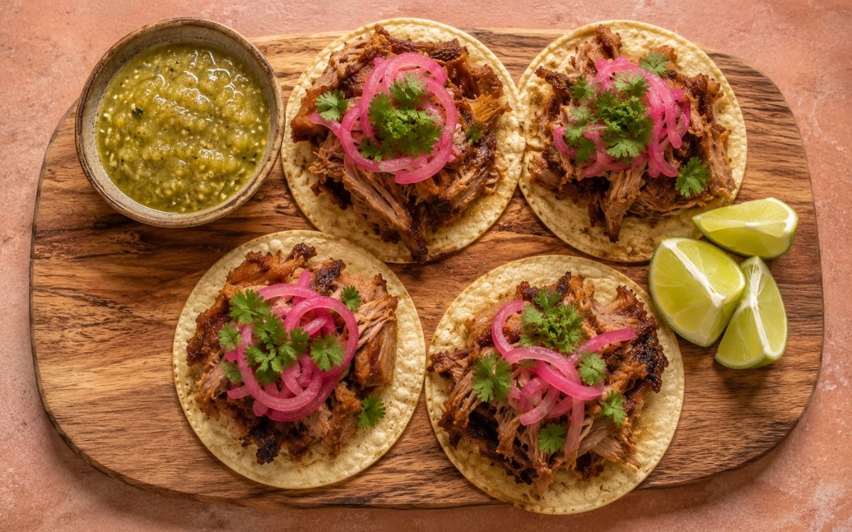 Carnitas tacos on small corn tortillas showing crispy-edged golden-brown pulled pork topped with vivid pink pickled red onion and fresh cilantro on marble surface
