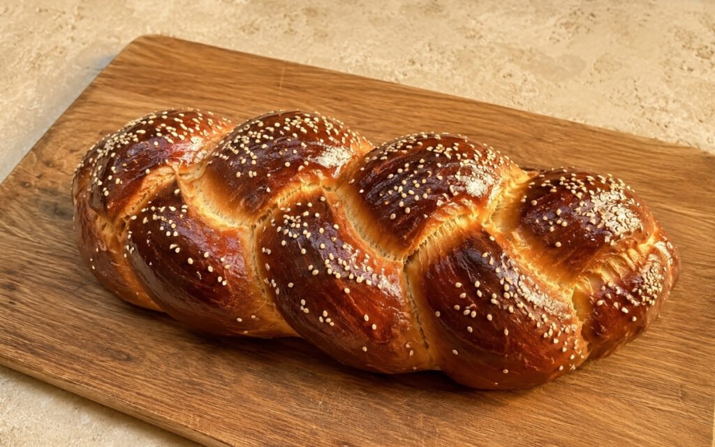 Challah bread on a marble surface showing a deeply golden, glossy braided loaf with clearly defined three-strand braid and sesame seeds scattered across the surface, sliced to reveal a soft golden-yellow slightly chewy crumb