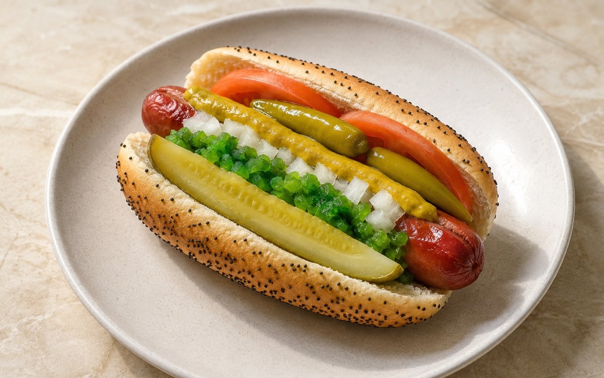 Chicago-style hot dog on a poppy-seed bun showing yellow mustard, bright green relish, white onion, tomato strips, a dill pickle spear, and sport peppers on marble surface