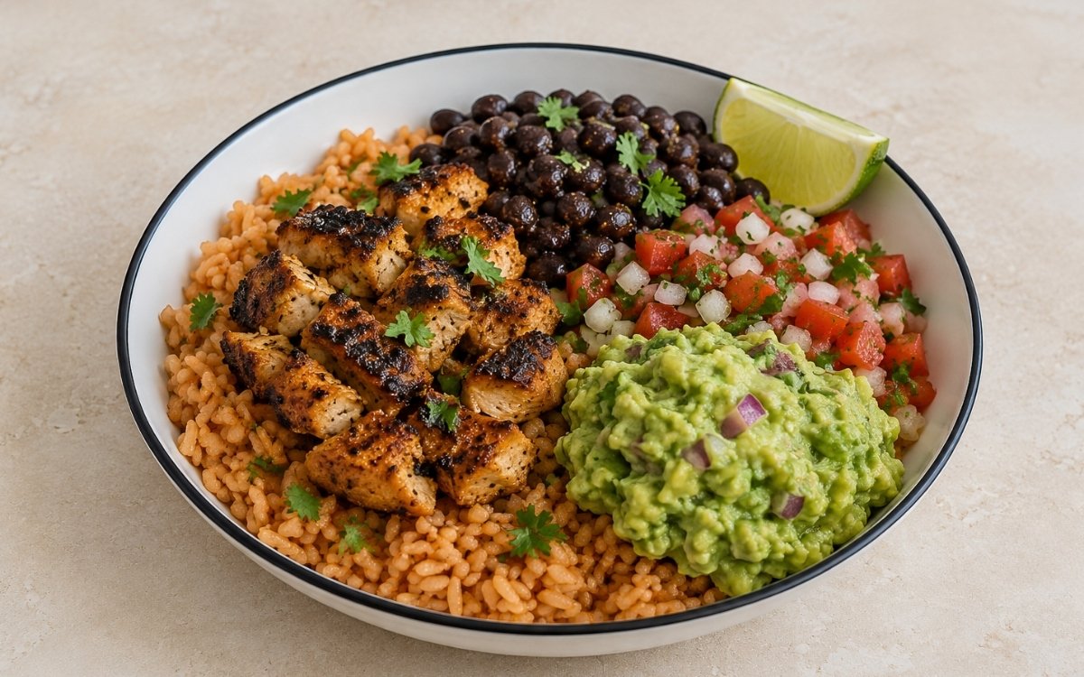 Chicken burrito rice bowl with spiced chicken thighs over Mexican tomato rice, black beans, pico de gallo, fresh guacamole and cilantro in a white ceramic bowl with black rim