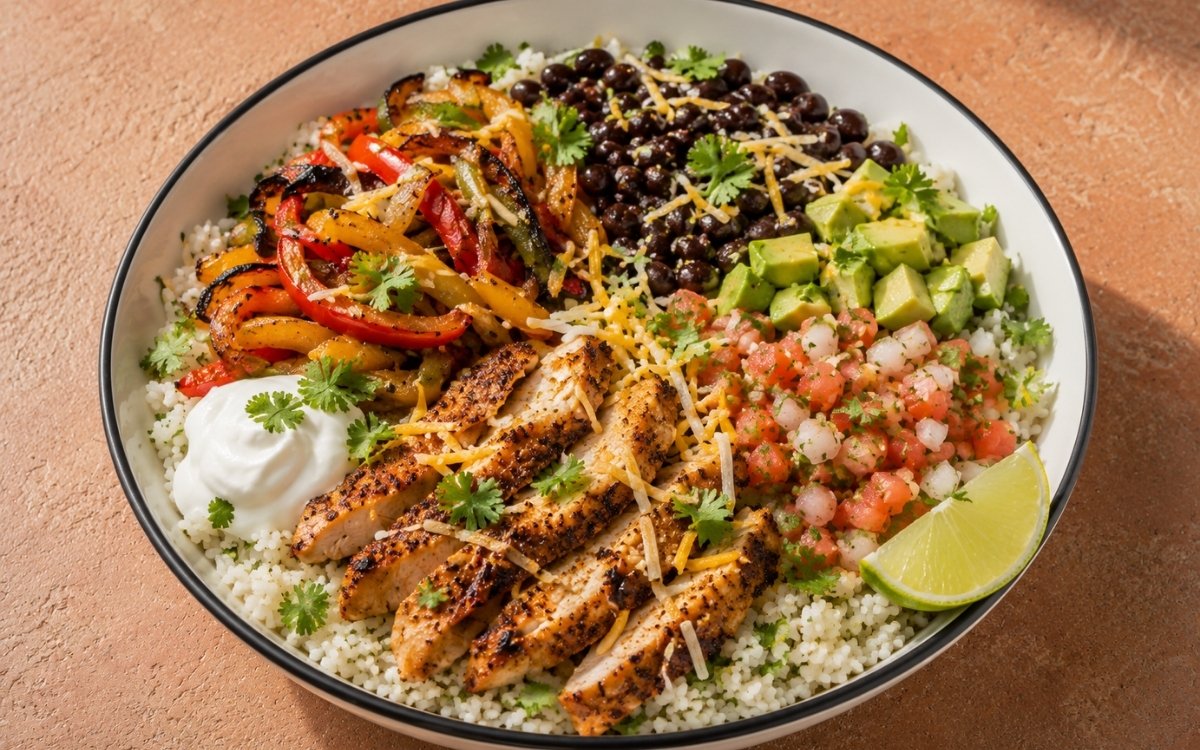Chicken fajita bowl with sliced fajita chicken over cilantro-lime rice, charred bell peppers and onion, black beans, avocado, shredded cheese, sour cream, pico de gallo and cilantro in a white ceramic bowl with black rim