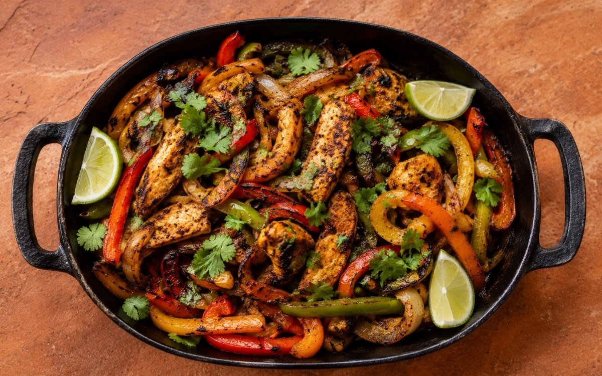 Chicken fajita in a cast iron pan showing sliced charred chicken thighs with caramelised tri-colour pepper strips and onions with lime wedge on marble surface