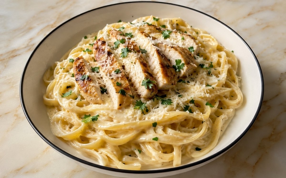 Chicken fettuccine alfredo in a wide white bowl showing silky golden pasta twirled with sliced seared chicken strips, freshly grated Parmigiano, and fresh parsley on marble surface