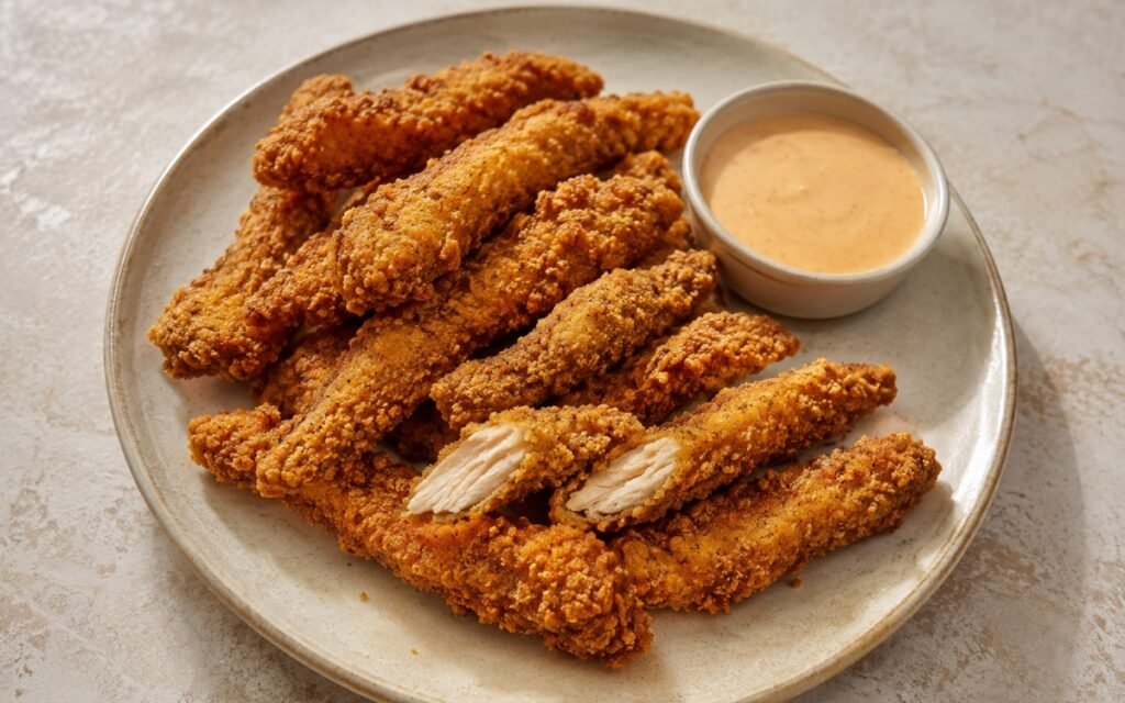 Golden crispy chicken fries piled together showing craggy breadcrumb crust, served with a creamy ketchup-sriracha dipping sauce on marble surface