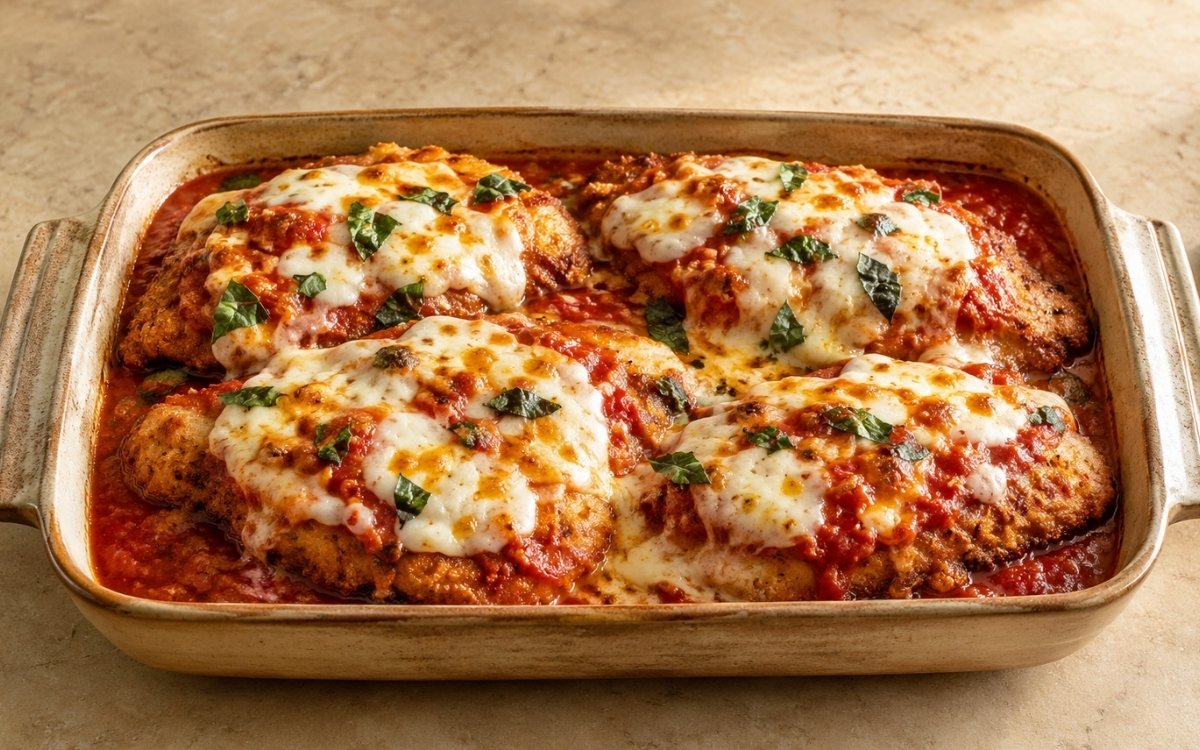 Chicken parmigiana in a white baking dish showing golden-brown melted cheese over marinara-topped crispy cutlets with fresh basil garnish on marble surface