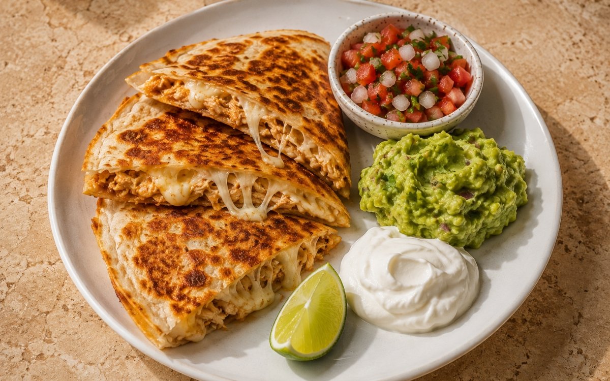 Sliced chicken quesadilla wedges on a plate showing golden-brown blistered tortilla with melted cheese pull and shredded chicken, beside chunky guacamole, pico de gallo, a dollop of sour cream, and a lime wedge on marble surface