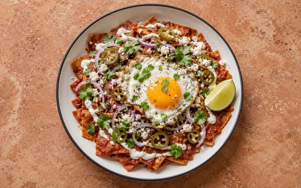 Chilaquiles rojos with fried eggs in a wide shallow bowl showing red salsa-coated tortilla chips topped with a lard-fried egg with crisped white edges, Mexican crema drizzle, crumbled cotija, pickled jalapeños, red onion, and fresh cilantro on marble surface