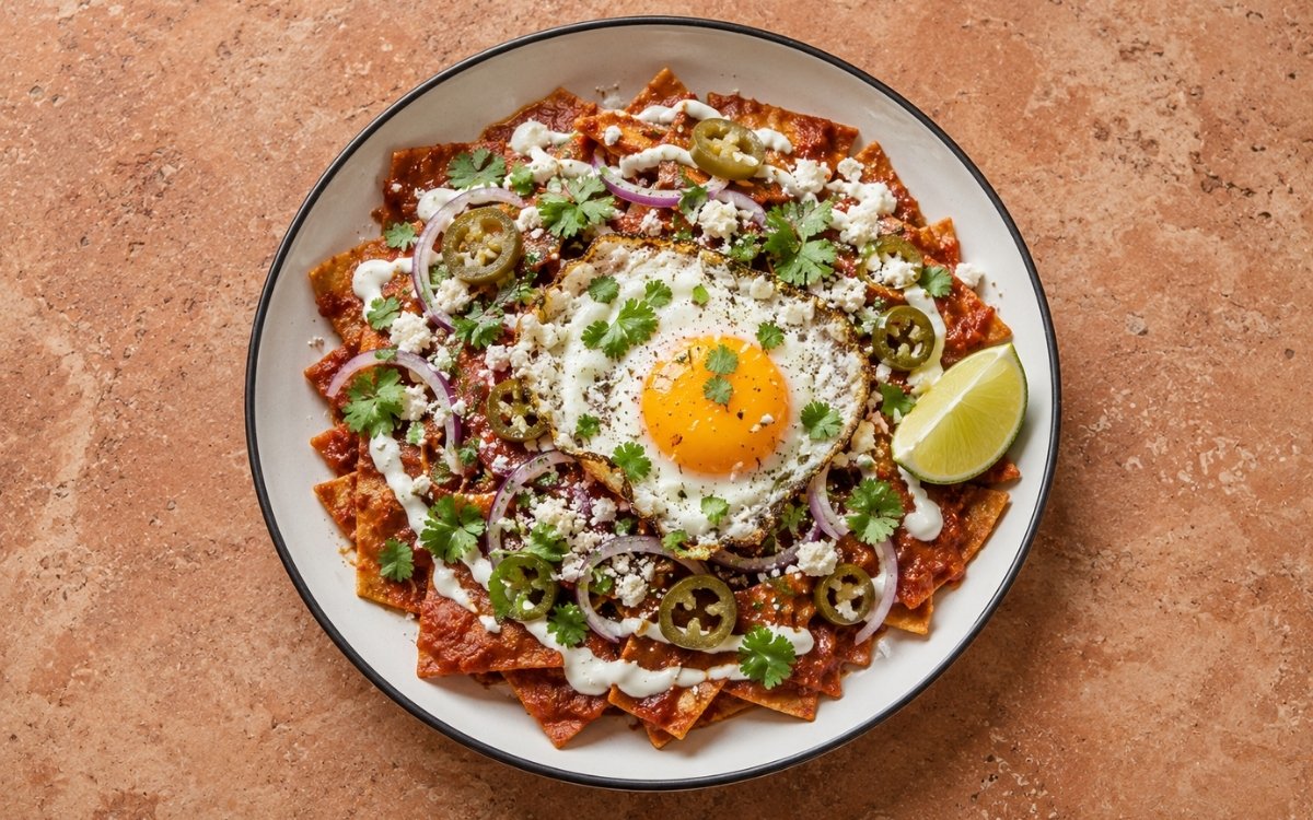 Chilaquiles rojos with fried eggs in a wide shallow bowl showing red salsa-coated tortilla chips topped with a lard-fried egg with crisped white edges, Mexican crema drizzle, crumbled cotija, pickled jalapeños, red onion, and fresh cilantro on marble surface