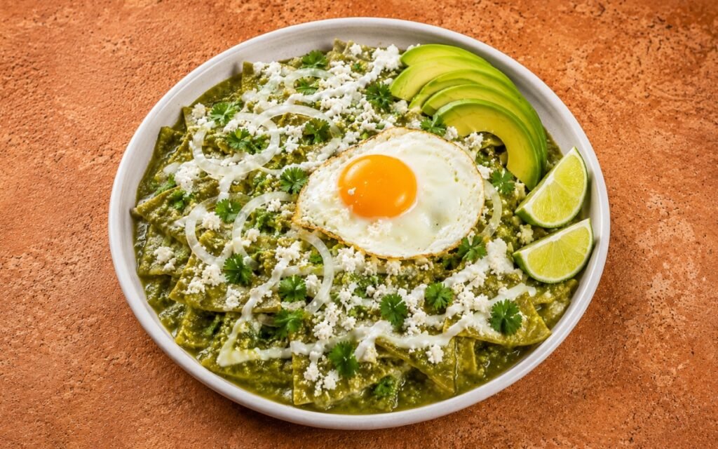 Bowl of chilaquiles verdes showing tortilla chips coated in vivid green salsa verde, topped with a fried egg with bright orange yolk, fanned avocado, cotija, onion rings, and crema drizzle on marble surface