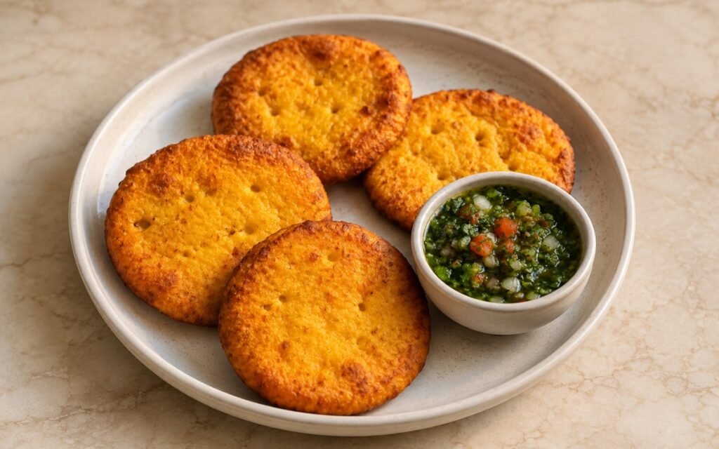 Golden-brown Chilean sopaipillas piled beside a bowl of vivid green pebre with visible diced tomato and onion on marble surface