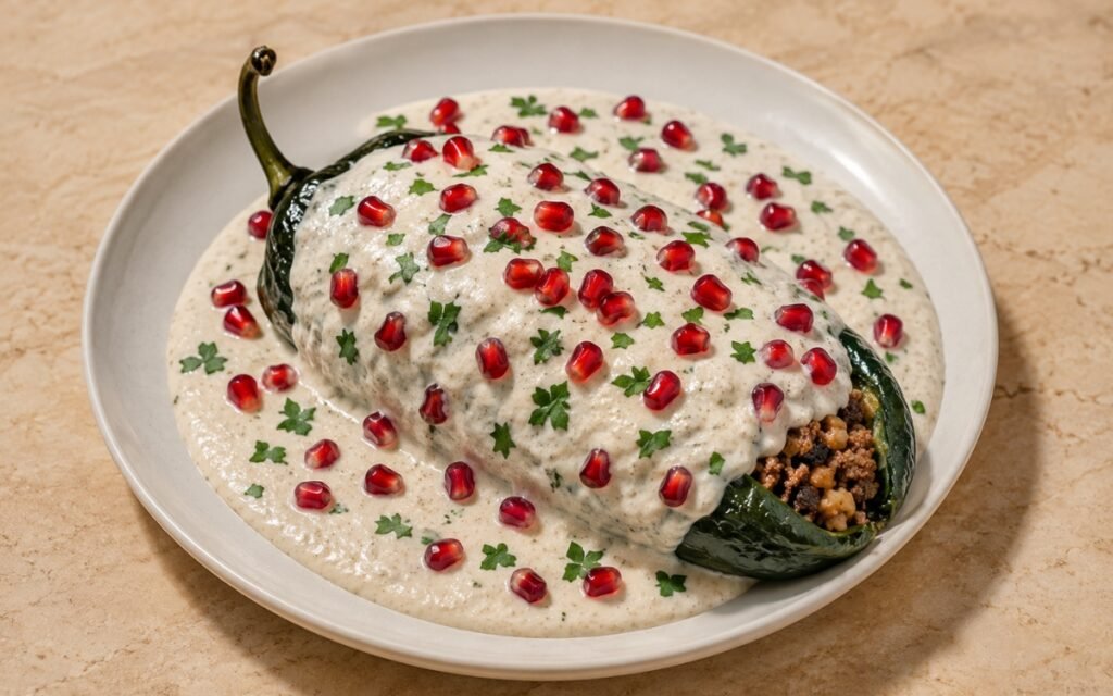 Stuffed poblano pepper covered in creamy white walnut nogada sauce, topped with bright red pomegranate seeds and fresh parsley on marble surface