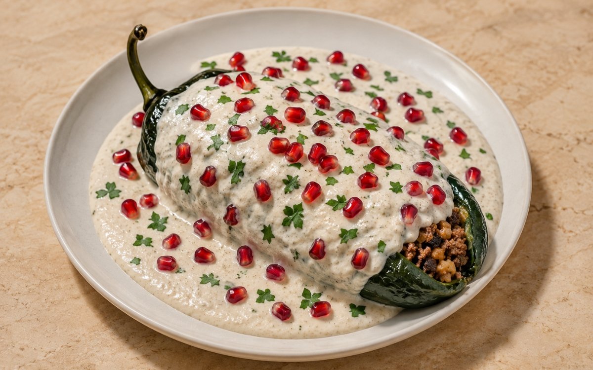 Stuffed poblano pepper covered in creamy white walnut nogada sauce, topped with bright red pomegranate seeds and fresh parsley on marble surface