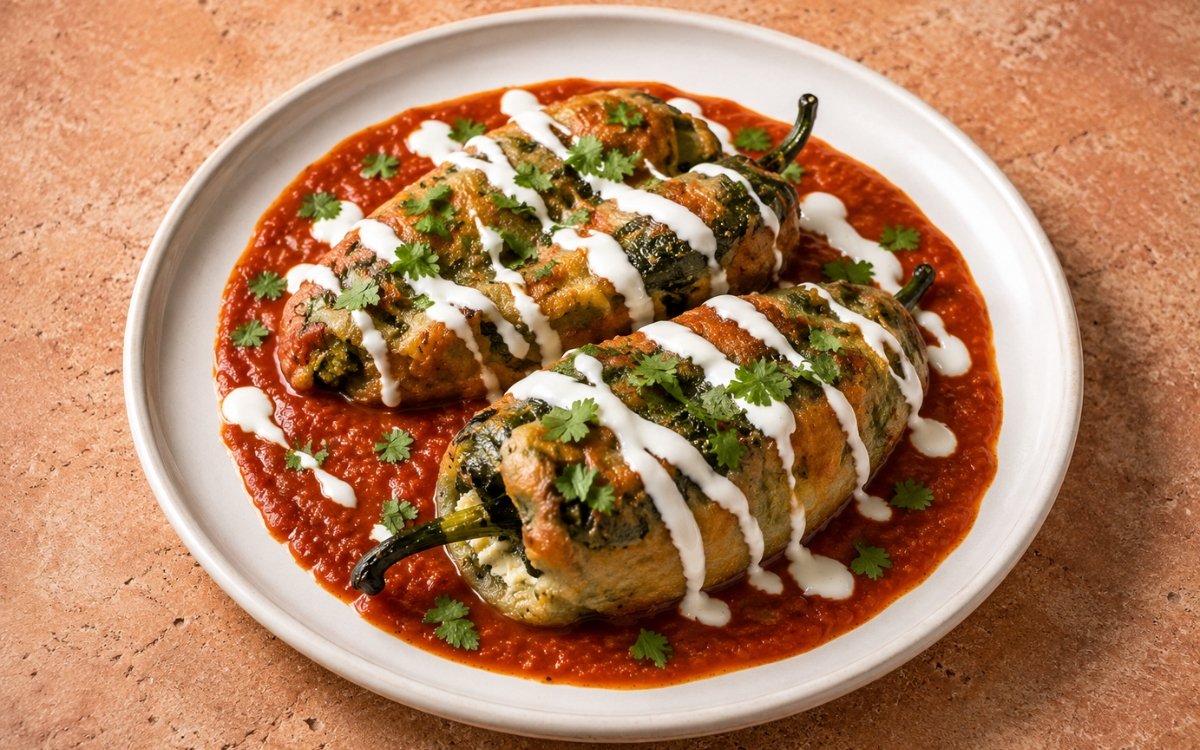 Two chiles rellenos on a plate showing golden puffed egg batter over roasted poblano peppers with melted cheese, set in a pool of vivid red tomato-chipotle sauce with white sour cream drizzle and fresh cilantro on marble surface
