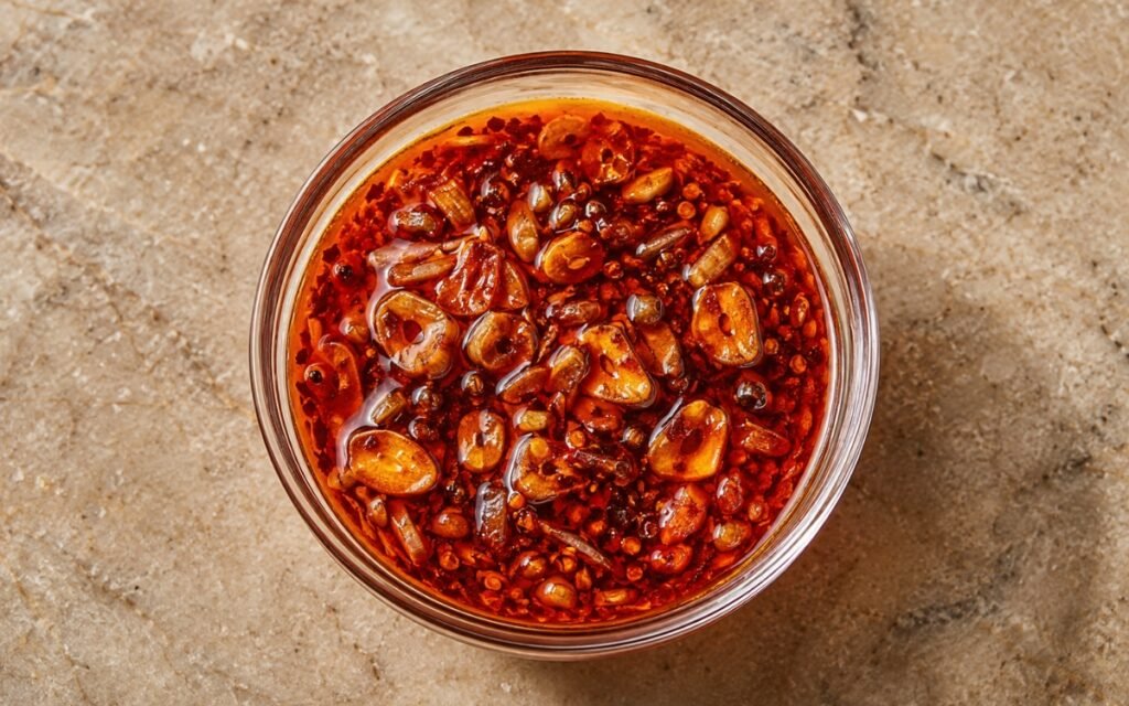 Chili garlic oil in a glass bowl showing golden oil with crispy garlic pieces and red chili flakes