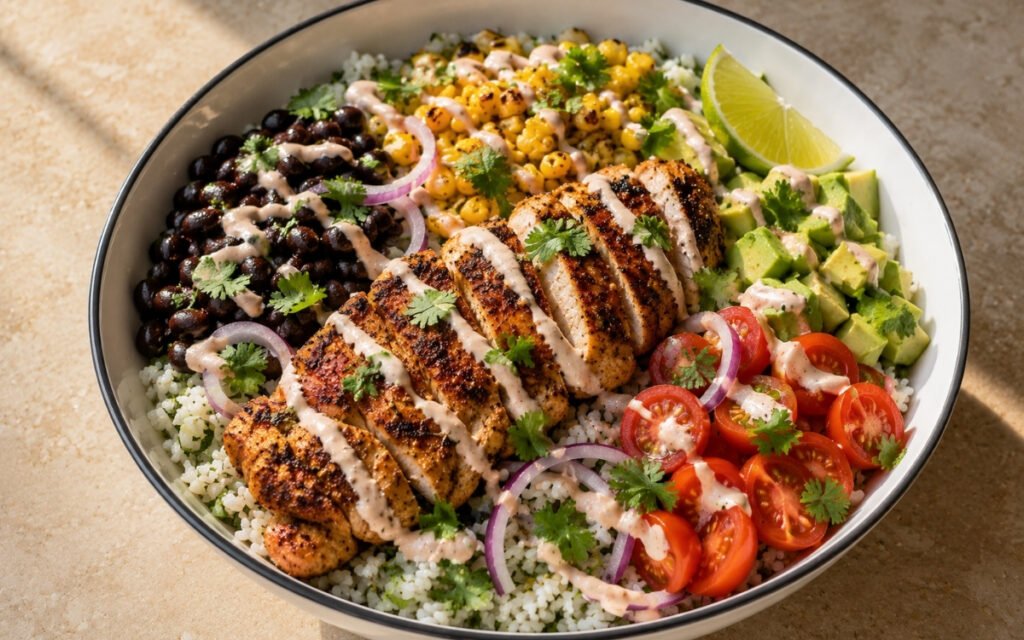 Chili lime chicken rice bowl with spiced sliced chicken over cilantro-lime jasmine rice, black beans, charred corn, avocado, cherry tomatoes, red onion, chili-lime crema and cilantro in a white ceramic bowl with black rim