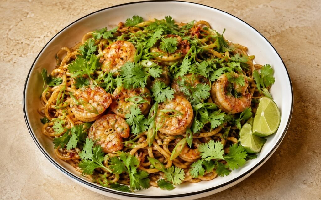 Chili lime noodles with shrimp in a wide shallow bowl showing glossy sauce-coated rice noodles with pink shrimp, generous fresh cilantro, sliced scallions, and lime wedges on marble surface