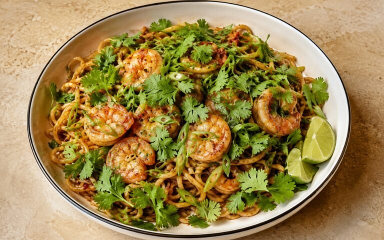 Chili lime noodles with shrimp in a wide shallow bowl showing glossy sauce-coated rice noodles with pink shrimp, generous fresh cilantro, sliced scallions, and lime wedges on marble surface