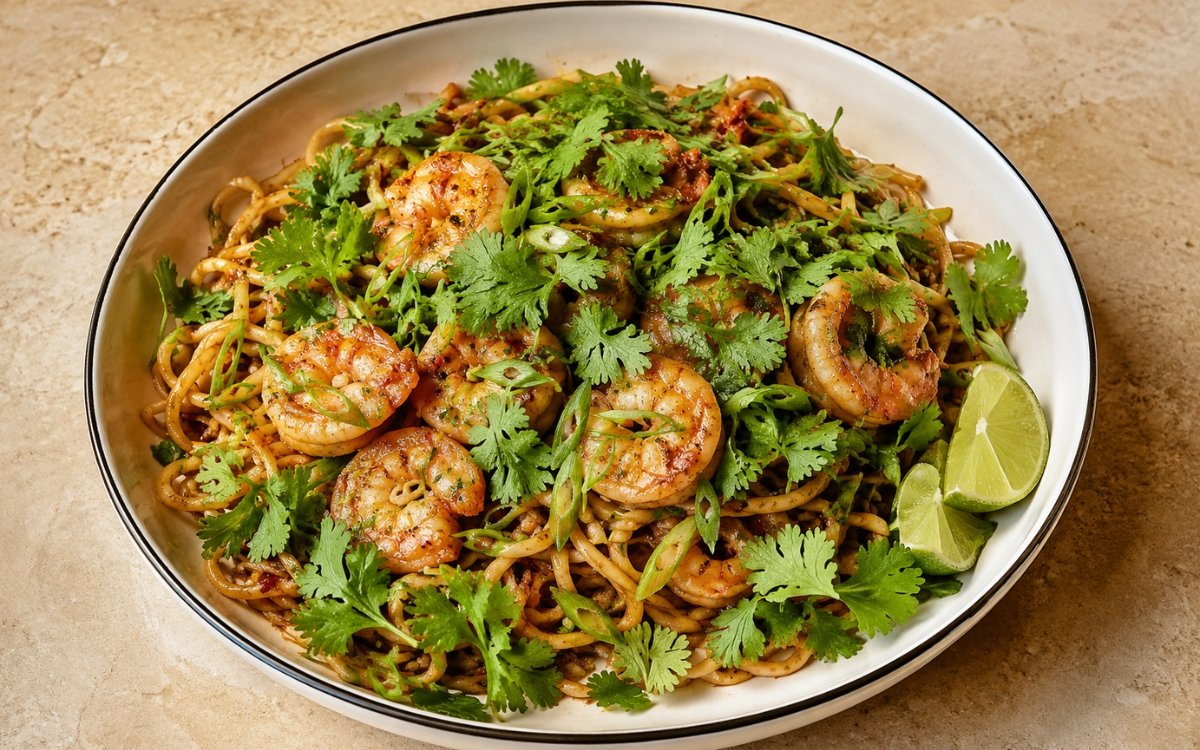 Chili lime noodles with shrimp in a wide shallow bowl showing glossy sauce-coated rice noodles with pink shrimp, generous fresh cilantro, sliced scallions, and lime wedges on marble surface