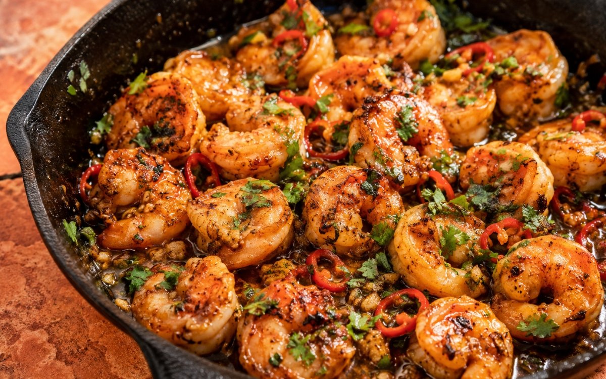 Chili lime shrimp glazed in sauce garnished with fresh cilantro and lime zest