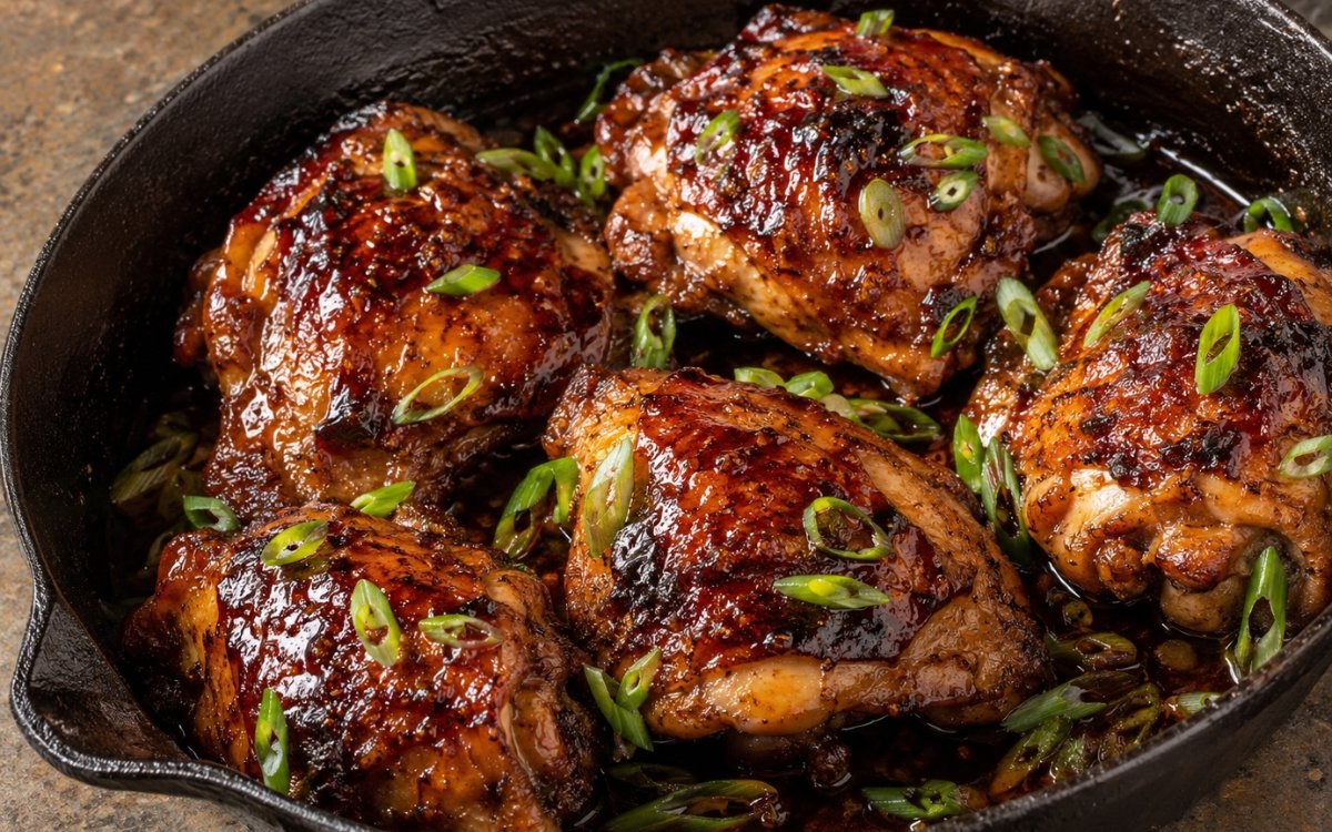 Chinese five-spice chicken thighs with crispy caramelized skin garnished with sliced scallions