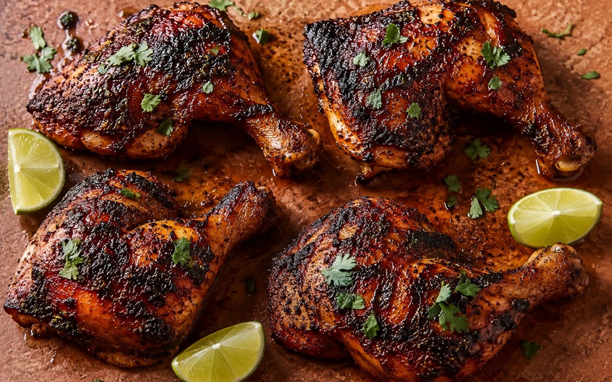 Chipotle grilled chicken legs with deeply charred skin garnished with fresh cilantro and lime wedges