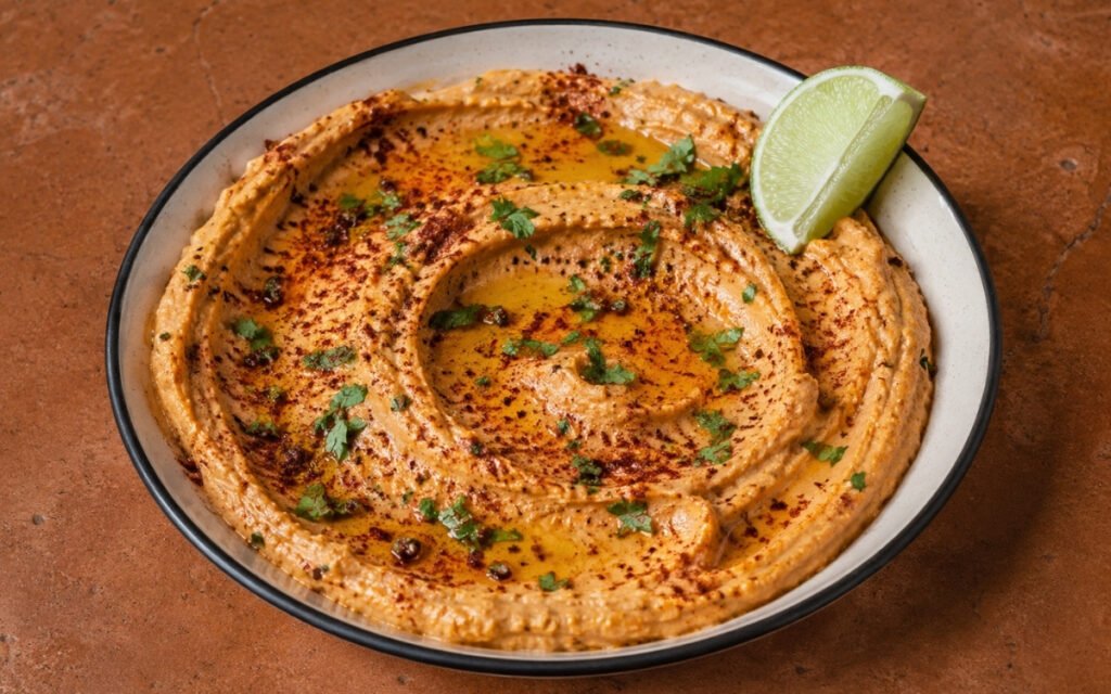 Chipotle and lime hummus in a wide white bowl showing deep orange-red colour with olive oil drizzle, sumac garnish, and fresh cilantro on marble surface