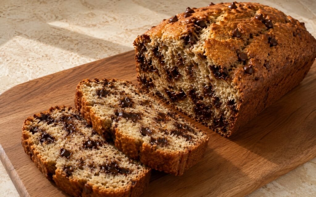 Chocolate chip banana bread on a marble surface showing a thick-sliced loaf with visible mini chocolate chips throughout the moist crumb and a top surface of melted dark chocolate chunks with golden-brown edges
