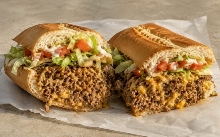Chopped cheese sandwich on a soft hoagie roll showing cheesy chopped beef and onion filling with shredded lettuce and diced tomato on marble surface