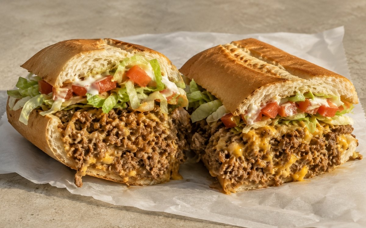Chopped cheese sandwich on a soft hoagie roll showing cheesy chopped beef and onion filling with shredded lettuce and diced tomato on marble surface