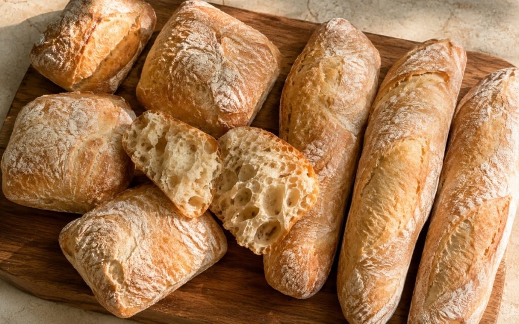 Ciabatta rolls on a wire rack showing golden crust with flour-dusted surface and visible irregular open crumb in cross-section on marble surface