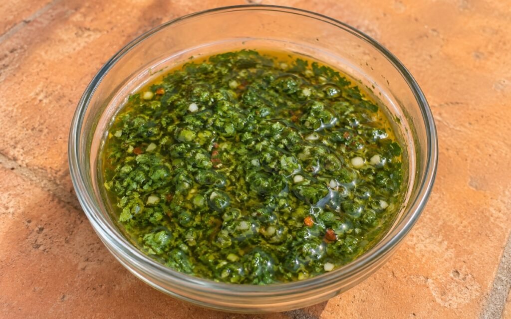 Bright green chimichurri sauce in a white bowl with fresh parsley and garlic cloves beside it