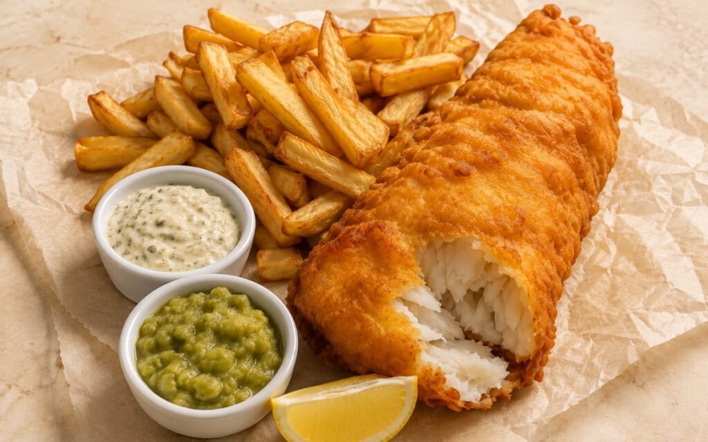 Classic British fish and chips plate showing crisp golden beer-battered fish, double-fried chips, mushy peas, and tartar sauce with a lemon wedge on marble surface