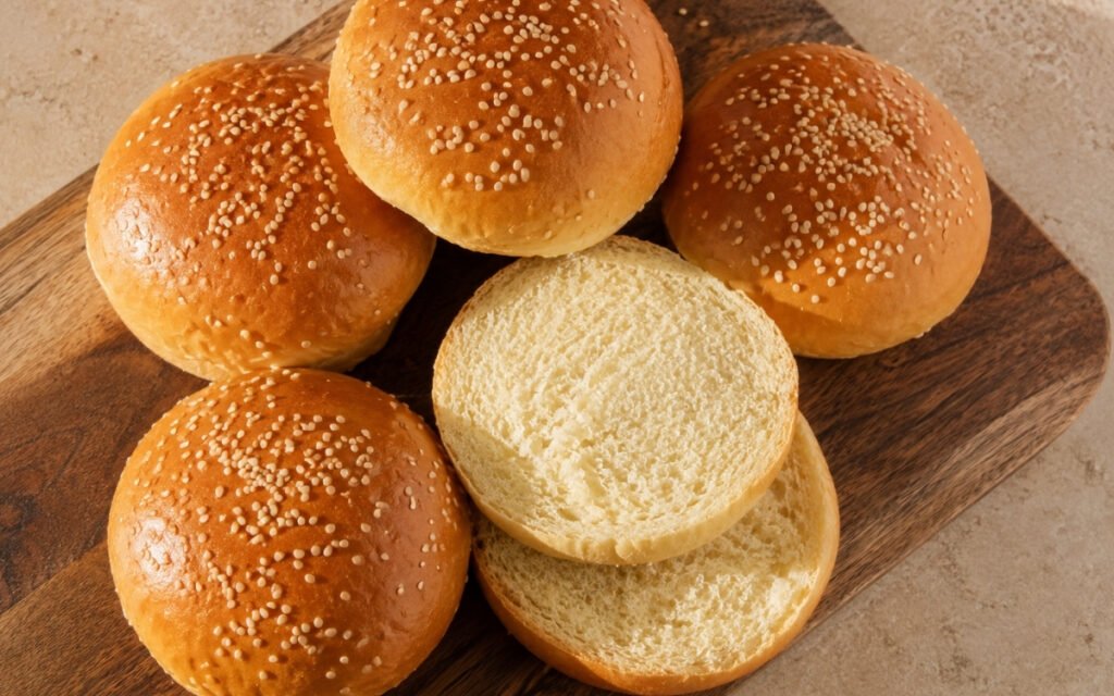 classic burger buns on a wire rack showing golden egg-washed tops generously covered in white sesame seeds with soft rounded shape on marble surface