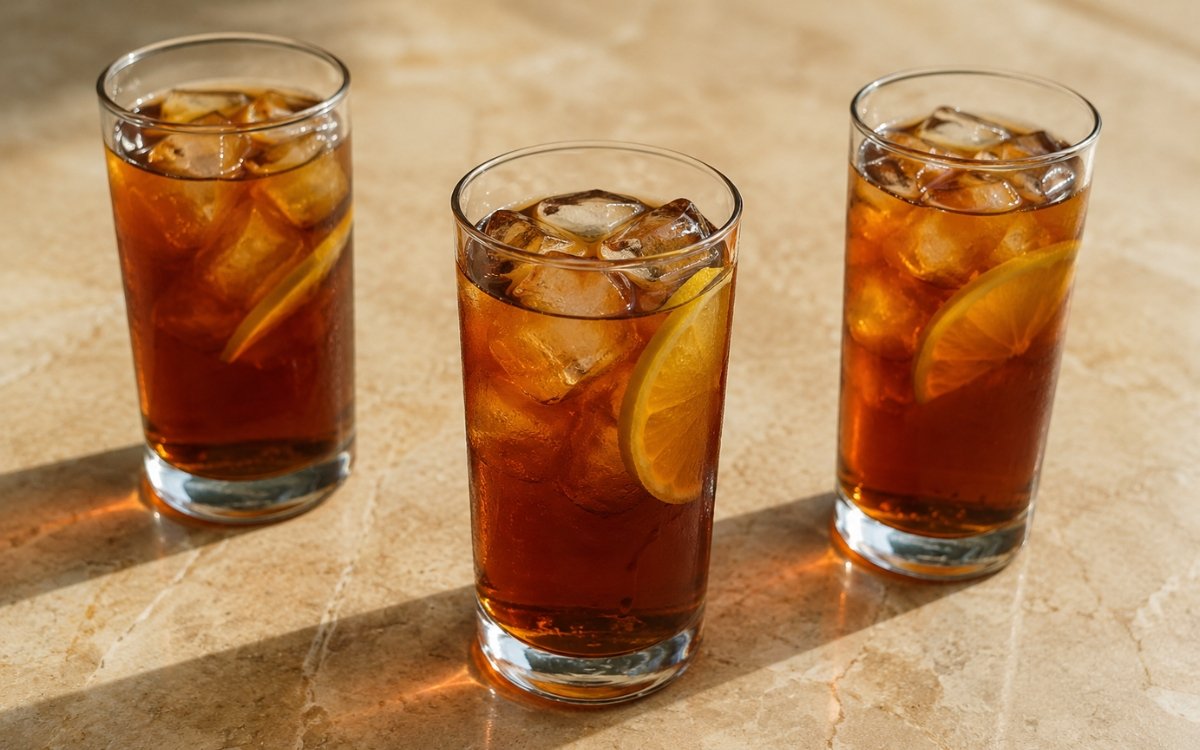 Classic cold brew iced black tea in a tall glass showing clear amber still drink over ice with a lemon twist on marble surface