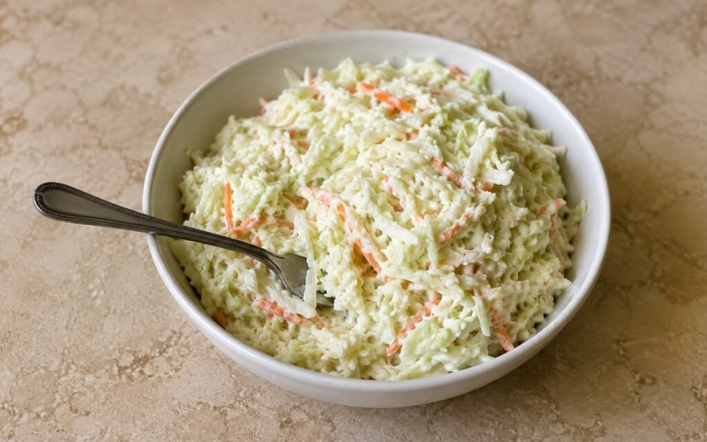 Bowl of classic deli coleslaw showing creamy, glossy shredded cabbage and carrot with a fork resting in the bowl on marble surface