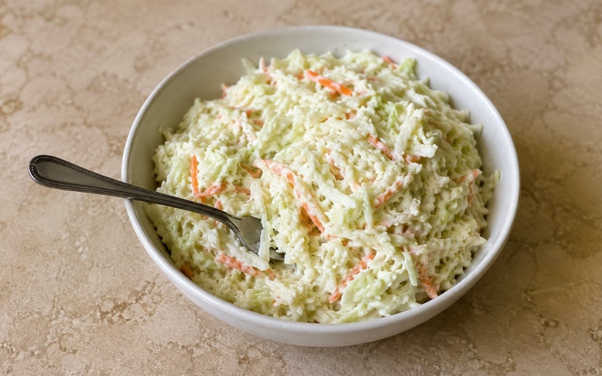 Bowl of classic deli coleslaw showing creamy, glossy shredded cabbage and carrot with a fork resting in the bowl on marble surface