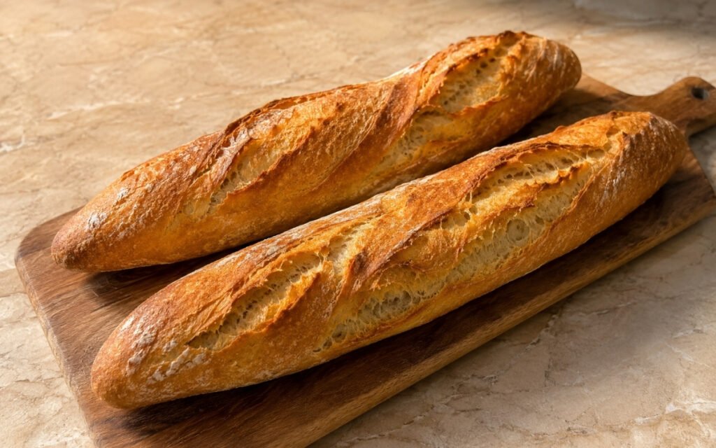 Two classic French baguettes on a wire rack showing deep golden crust with scored openings and crackling surface on a marble surface