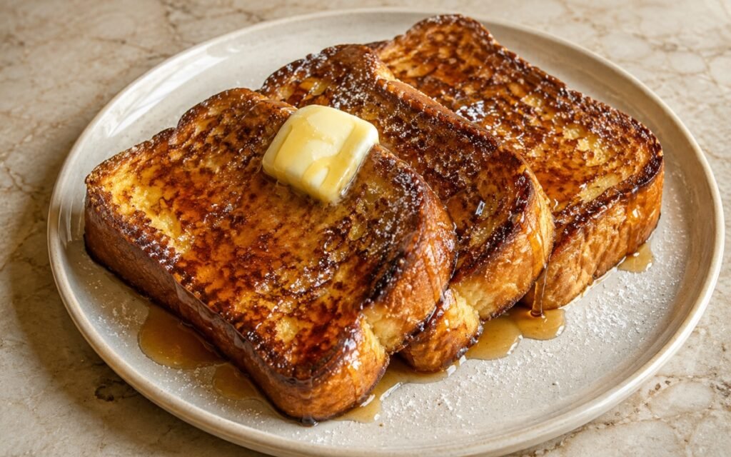 Classic French toast on a white plate showing four thick-cut golden-crusted brioche slices with a pat of butter melting on top and maple syrup pooling around the edges on marble surface