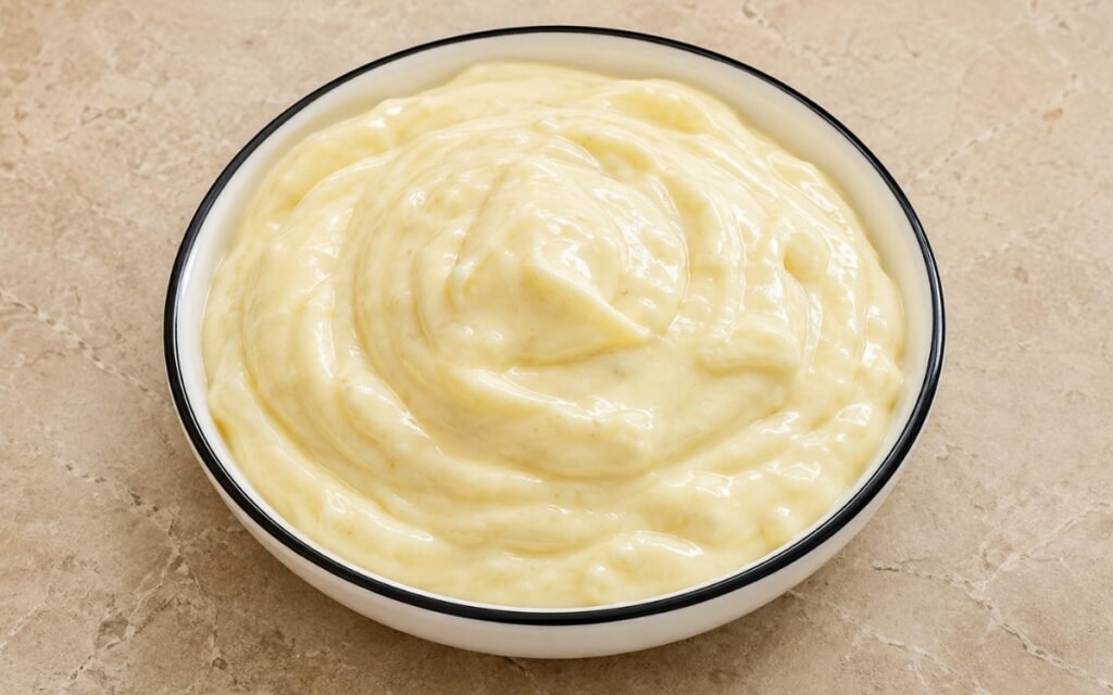Bowl of creamy white garlic aioli with herbs and lemon