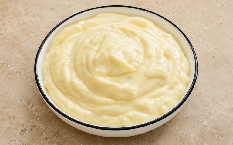 Bowl of creamy white garlic aioli with herbs and lemon