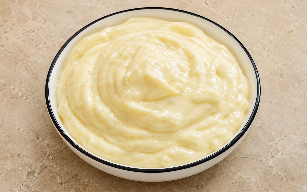 Bowl of creamy white garlic aioli with herbs and lemon