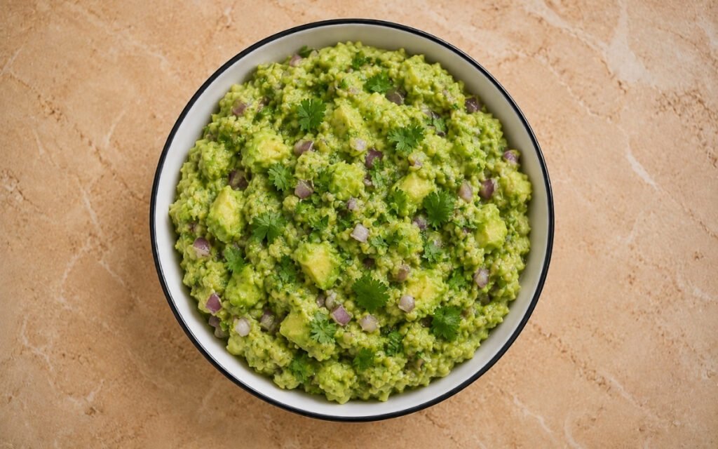 Classic guacamole in a large white bowl showing rustic chunky-smooth texture with visible red onion, cilantro, and jalapeño with lime wedges and tortilla chips beside it