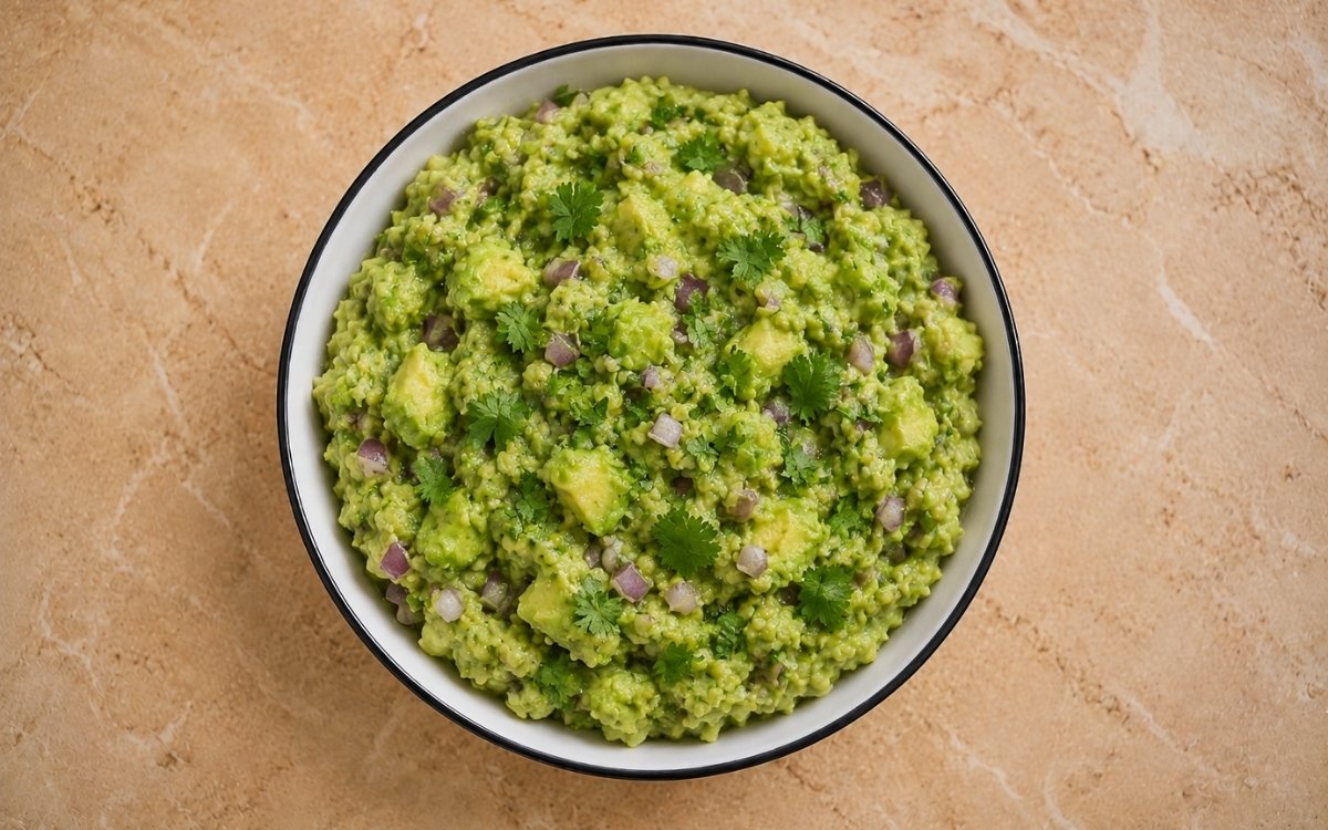 Classic guacamole in a large white bowl showing rustic chunky-smooth texture with visible red onion, cilantro, and jalapeño with lime wedges and tortilla chips beside it