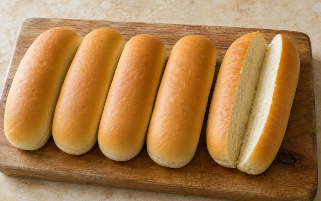 classic hot dog buns on a wire rack showing pale golden milk-washed surface with elongated log shape and optional sesame seeds on marble surface