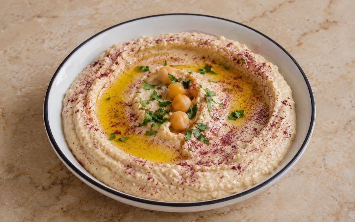 Classic hummus in a wide white bowl showing smooth creamy surface with olive oil well, za'atar garnish, chopped parsley, and lavash bread beside it on marble surface