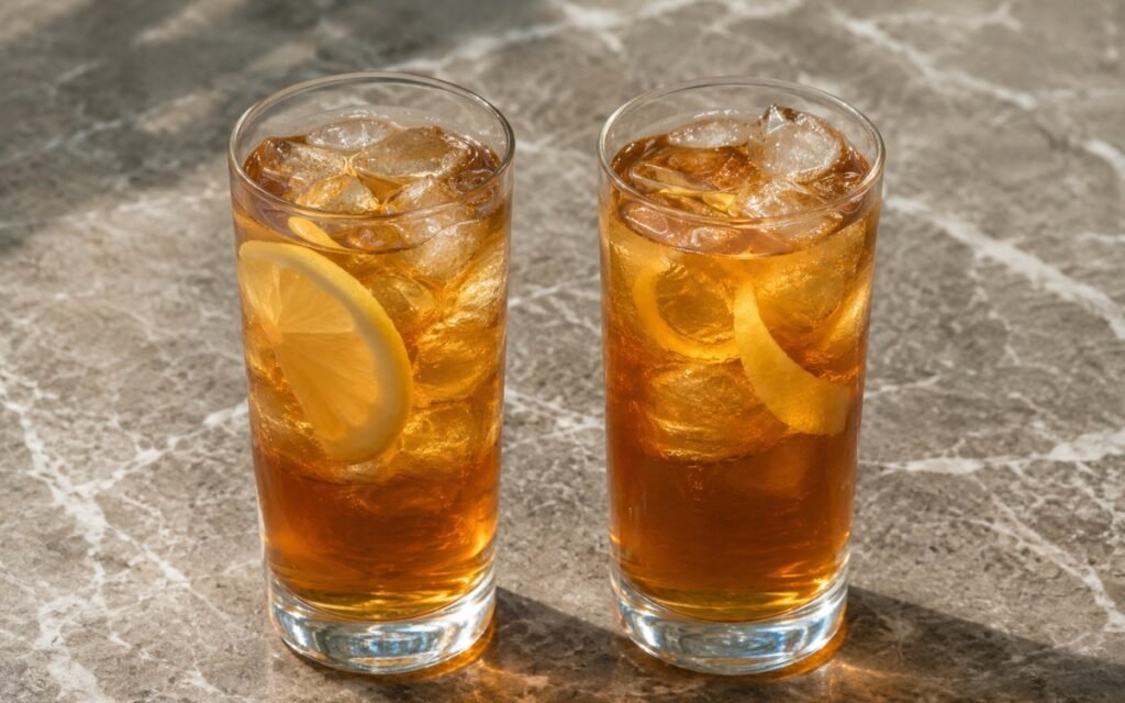 Classic iced black tea in a tall glass showing clear amber still drink over ice with a lemon twist on marble surface