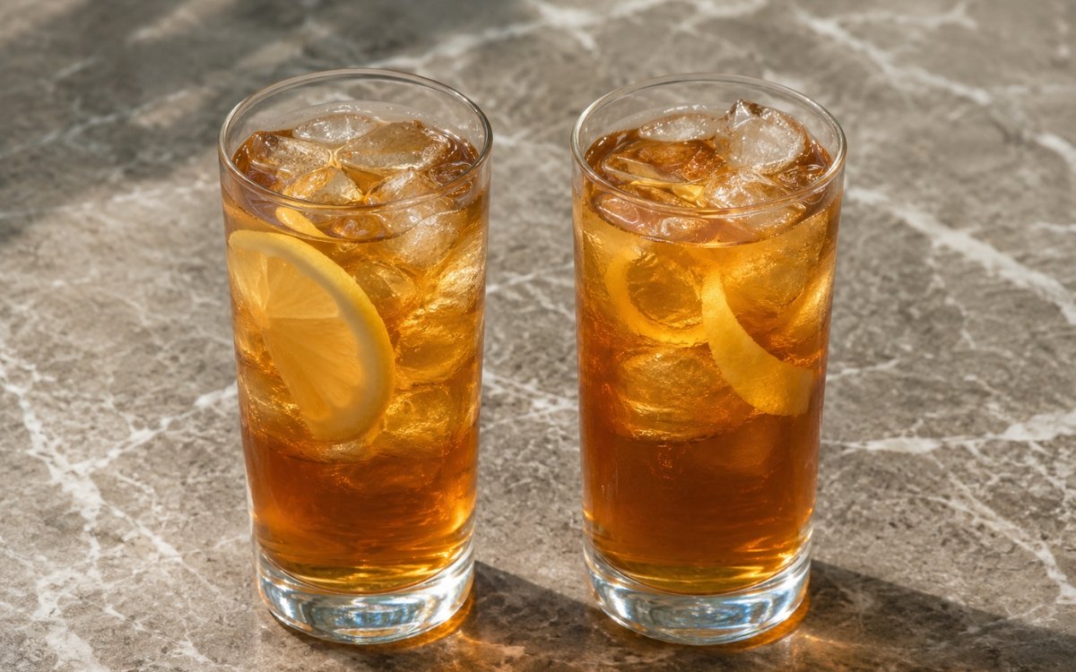 Classic iced black tea in a tall glass showing clear amber still drink over ice with a lemon twist on marble surface
