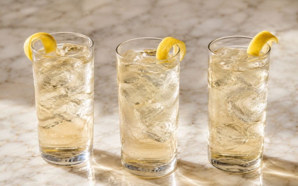 Classic iced white tea in a tall glass showing very pale clear still drink over ice with a lemon peel twist on marble surface