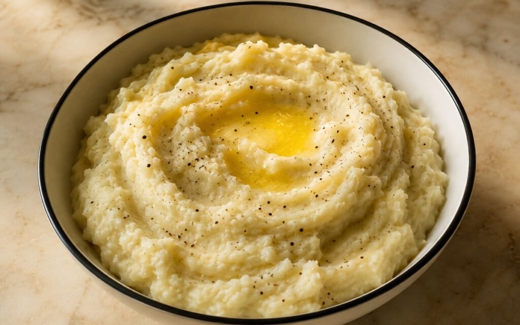 Creamy classic mashed potatoes in a white bowl with melted butter on top and fresh herbs